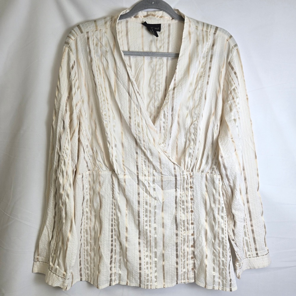 Lane Bryant Striped Faux Wrap Long Sleeve Blouse Gold White Button Details 18/20